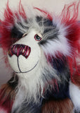 Hudson's face close up, showing his beautiful hand painted eyes, wonderful nose and sweet smile.
Hudson is a beautifully coloured and dignified one of a kind, artist teddy bear in gorgeous back, burgundy, white and beige faux fur and fluffy white mohair by Barbara-Ann Bears, he stands 15 inches/38 cm tall 