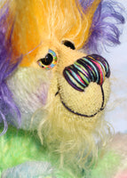 Indigo Joe is a wild and wonderful bear, full of colourful happiness, a one of a kind, mohair artist teddy bear by Barbara-Ann Bears, he stands 7.5 inches/19 cm
