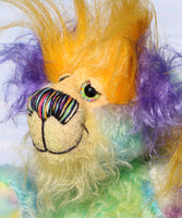 Indigo Joe is a wild and wonderful bear, full of colourful happiness, a one of a kind, mohair artist teddy bear by Barbara-Ann Bears, he stands 7.5 inches/19 cm