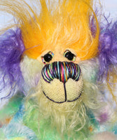 Indigo Joe is a wild and wonderful bear, full of colourful happiness, a one of a kind, mohair artist teddy bear by Barbara-Ann Bears, he stands 7.5 inches/19 cm