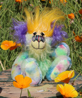Indigo Joe is a wild and wonderful bear, full of colourful happiness, a one of a kind, mohair artist teddy bear by Barbara-Ann Bears, he stands 7.5 inches/19 cm
