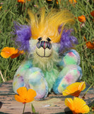 Indigo Joe is a wild and wonderful bear, full of colourful happiness, a one of a kind, mohair artist teddy bear by Barbara-Ann Bears, he stands 7.5 inches/19 cm