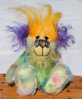 Indigo Joe is a wild and wonderful bear, full of colourful happiness, a one of a kind, mohair artist teddy bear by Barbara-Ann Bears, he stands 7.5 inches/19 cm