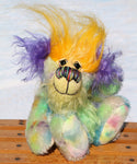 Indigo Joe is a wild and wonderful bear, full of colourful happiness, a one of a kind, mohair artist teddy bear by Barbara-Ann Bears, he stands 7.5 inches/19 cm