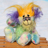Indigo Joe is a wild and wonderful bear, full of colourful happiness, a one of a kind, mohair artist teddy bear by Barbara-Ann Bears, he stands 7.5 inches/19 cm