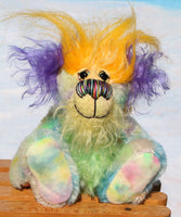 Indigo Joe is a wild and wonderful bear, full of colourful happiness, a one of a kind, mohair artist teddy bear by Barbara-Ann Bears, he stands 7.5 inches/19 cm