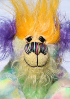 Indigo Joe is a wild and wonderful bear, full of colourful happiness, a one of a kind, mohair artist teddy bear by Barbara-Ann Bears, he stands 7.5 inches/19 cm