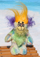 Indigo Joe is a wild and wonderful bear, full of colourful happiness, a one of a kind, mohair artist teddy bear by Barbara-Ann Bears, he stands 7.5 inches/19 cm