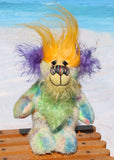 Indigo Joe is a wild and wonderful bear, full of colourful happiness, a one of a kind, mohair artist teddy bear by Barbara-Ann Bears, he stands 7.5 inches/19 cm