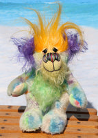 Indigo Joe is a wild and wonderful bear, full of colourful happiness, a one of a kind, mohair artist teddy bear by Barbara-Ann Bears, he stands 7.5 inches/19 cm