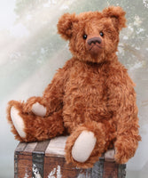 Jasper is quite a large, elegant and charming, one of a kind, traditional artist teddy bear by Barbara Ann Bears in wonderful cinnamon mohair, he is 21 inches/53cm tall and is 15 inches/38 cm sitting. Jasper is made from a beautiful, cinnamon coloured mohair with pale beige German wool-felt paw pads and he has black glass eyes