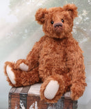 Jasper is quite a large, elegant and charming, one of a kind, traditional artist teddy bear by Barbara Ann Bears in wonderful cinnamon mohair, he is 21 inches/53cm tall and is 15 inches/38 cm sitting. Jasper is made from a beautiful, cinnamon coloured mohair with pale beige German wool-felt paw pads and he has black glass eyes