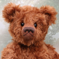 Jasper is quite a large, elegant and charming, one of a kind, traditional artist teddy bear by Barbara Ann Bears in wonderful cinnamon mohair, he is 21 inches/53cm tall and is 15 inches/38 cm sitting. Jasper is made from a beautiful, cinnamon coloured mohair with pale beige German wool-felt paw pads and he has black glass eyes