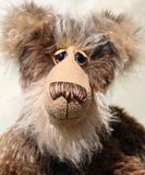 Jefferson Spruce is a very shaggy, wild and wonderful, one of a kind, artist teddy bear in beautiful Tissavel faux fur & fluffy mohair by Barbara-Ann Bears, he stands 19.5 inches/50 cm tall. Jefferson Spruce is made from brown faux fur and very long and fluffy beige mohair, with beige wool felt paws, hand painted eyes and eyelids, a wonderful nose and sweet soulful smile