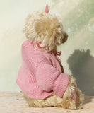 profile of Little Rowena a vintage Barbara Ann teddy bear in a pink knitted cardigan with her name tag on a wooden surface