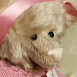 Close up of Little Rowena, a vintage Barbara Ann teddy bear in a pink knitted cardigan and pink ribbon
