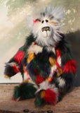 Gillespie is a magnificent, richly colourful one of a kind, artist teddy bear in fabulous faux fur & mohair by Barbara-Ann Bears, he stands 19 inches (48 cm) tall and is 15 inches (38 cm) sitting, Gillespie is made from faux fur in green, deep red, gold, white and black and very long and fluffy white mohair, with hand painted eyes, a beautifully embroidered nose and a sweet smile