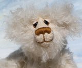 Otis is a sweet and very friendly, one of a kind, artist teddy bear in beautiful long pearl coloured mohair by Barbara-Ann Bears he stands 11 inches/28 cm tall .
Otis is made from a sumptuous, long, very dense, scruffily twirly, nearly white mohair and he has matching pale cream coloured German wool felt paw pads.