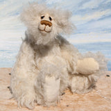 Otis is a sweet and very friendly, one of a kind, artist teddy bear in beautiful long pearl coloured mohair by Barbara-Ann Bears he stands 11 inches/28 cm tall .
Otis is made from a sumptuous, long, very dense, scruffily twirly, nearly white mohair and he has matching pale cream coloured German wool felt paw pads.