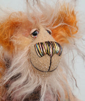 Otis is a sweet and gently coloured one of a kind teddy bear in hand dyed mohair and faux fur by Barbara-Ann Bears, he stands 9.5 inches/24 cm tall.  He's made from beautifully coloured hand-dyed mohair and faux fur, with hand dyed velvet paw pads, beautiful hand painted glass eyes, a splendid nose and a beaming smile