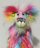 A close up of Plinkety Plonk by Barbara Ann Bears' face, showing his beautiful hand painted eyes, his multi-coloured nose and his beaming smile