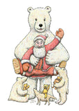 Polar Bear Hugs, a Christmas Card for people who love Christmas and Polar Bears. The front of the card showing Father Christmas being picked up and hugged by a large polar bear with two cubs and a fox at his feet, all holding teddy bears