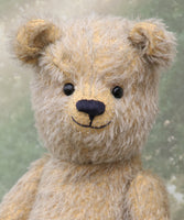 Pooh Who is a sweet and cuddly, traditional artist teddy bear made in splendid German mohair by Barbara Ann Bears, he stands 14 inches/ 36cm tall and is 11 inches/28cm sitting. Pooh Who is made from a silvery grey straight pile German mohair, with beige wool felt paw pads vintage boot buttons for eyes and a sweet smile