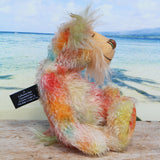 Rowan is a very happy and sweet teddy bear, a colourful, one of a kind, artist bear by Barbara-Ann Bears in beautiful hand-dyed mohair

Rowan stands 10 inches/25 cm tall
