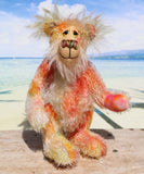 Rowan is a very happy and sweet teddy bear, a colourful, one of a kind, artist bear by Barbara-Ann Bears in beautiful hand-dyed mohair

Rowan stands 10 inches/25 cm tall