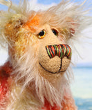 Rowan is a very happy and sweet teddy bear, a colourful, one of a kind, artist bear by Barbara-Ann Bears in beautiful hand-dyed mohair

Rowan stands 10 inches/25 cm tall