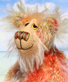 Rowan is a very happy and sweet teddy bear, a colourful, one of a kind, artist bear by Barbara-Ann Bears in beautiful hand-dyed mohair

Rowan stands 10 inches/25 cm tall