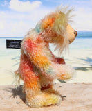 Rowan is a very happy and sweet teddy bear, a colourful, one of a kind, artist bear by Barbara-Ann Bears in beautiful hand-dyed mohair

Rowan stands 10 inches/25 cm tall