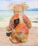 Rowan is a very happy and sweet teddy bear, a colourful, one of a kind, artist bear by Barbara-Ann Bears in beautiful hand-dyed mohair

Rowan stands 10 inches/25 cm tall