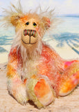 Rowan is a very happy and sweet teddy bear, a colourful, one of a kind, artist bear by Barbara-Ann Bears in beautiful hand-dyed mohair

Rowan stands 10 inches/25 cm tall