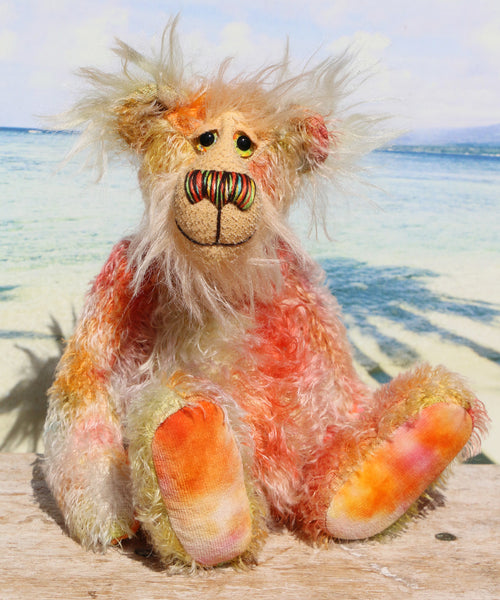 Rowan is a very happy and sweet teddy bear, a colourful, one of a kind, artist bear by Barbara-Ann Bears in beautiful hand-dyed mohair

Rowan stands 10 inches/25 cm tall