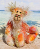 Rowan is a very happy and sweet teddy bear, a colourful, one of a kind, artist bear by Barbara-Ann Bears in beautiful hand-dyed mohair

Rowan stands 10 inches/25 cm tall