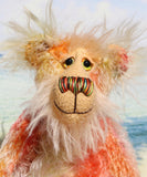 Rowan is a very happy and sweet teddy bear, a colourful, one of a kind, artist bear by Barbara-Ann Bears in beautiful hand-dyed mohair

Rowan stands 10 inches/25 cm tall