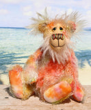 Rowan is a very happy and sweet teddy bear, a colourful, one of a kind, artist bear by Barbara-Ann Bears in beautiful hand-dyed mohair

Rowan stands 10 inches/25 cm tall