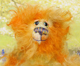 Rudyard Edgar Bloom Sniffer is a sweet and beautifully coloured one of a kind teddy bear in hand dyed mohair by Barbara-Ann Bears, he stands just 6.5 inches/16 cm tall. He is made from a fairly a long tousled mohair hand-dyed in orange, gold, pale green, amber and blue. He has hand dyed paw pads, hand painted eyes and a sweet little embroidered nose and a sweet smile.