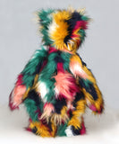 Syracuse standing, back view, Syracuse is a 19 inch one of a kind, artist bear by Barbara-Ann Bears in luxurious blonde mohair and beautifully colourful faux fur