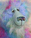 Syracuse's face. showing his beautiful hand painted eyes (with eyelids), wonderfully embroidered nose and sweet smile.
Syracuse is a large and beautifully coloured one of a kind artist bear by Barbara Ann Bears in luxurious multi-coloured fluffy faux fur and very long, turquoise mohair he stands 19 inches/48 cm tall