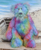 Syracuse standing.
Syracuse is a large and beautifully coloured one of a kind artist bear by Barbara Ann Bears in luxurious multi-coloured fluffy faux fur and very long, turquoise mohair he stands 19 inches/48 cm tall