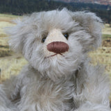 Wolfie is a 10 inch tall one of a kind, mohair artist bear by Barbara-Ann Bears