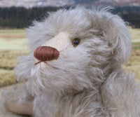 Wolfie is a 10 inch tall one of a kind, mohair artist bear by Barbara-Ann Bears