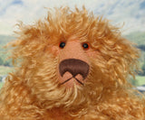 Close-up of a fluffy brown teddy bear with a blurred natural background