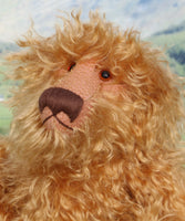 Close-up of a fluffy teddy bear with a blurred landscape background