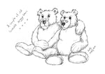 Two fairly old bears wearing spectacles sitting arm in arm with the caption 'A couple of old loveable saggy bears' drawn in black and white