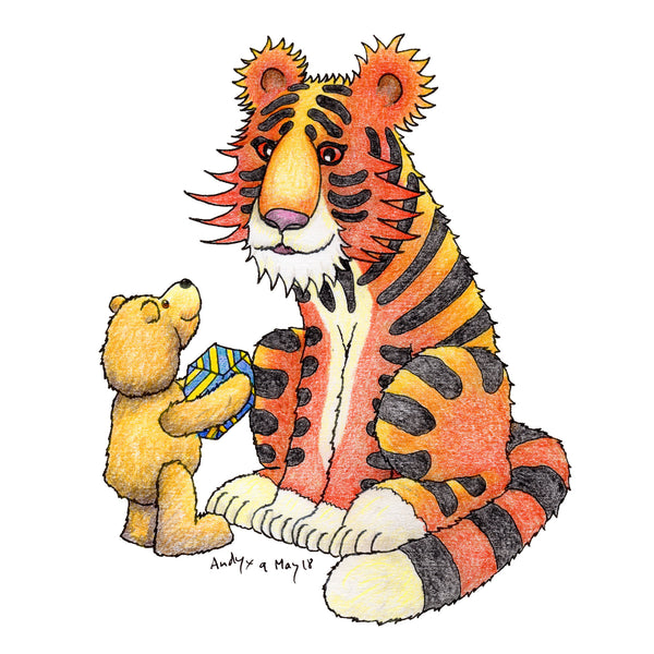 This card shows a teddy bear giving a large but very patient and well behaved tiger a birthday present, even the largest and fiercest beasts love receiving presents 