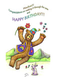 Woohoo!!! Congratulations on making it through the year and HAPPY BIRTHDAY!!!  A bear in a funny hat and waistcoat leaping through the air holding a red flower in one hand, below a pink rabbit is clapping