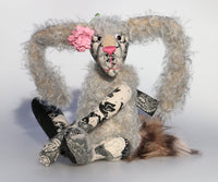 Alice Lovedoddle is a humorous and whimsical one of a kind artist hare or rabbit in printed linen, mohair and faux fur by Barbara Ann Bears